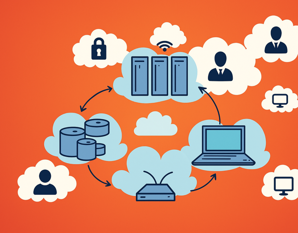 Cloud-based backup and disaster recovery illustration with interconnected icons of servers, storage, laptops, routers, and security, set against a red-orange gradient background.