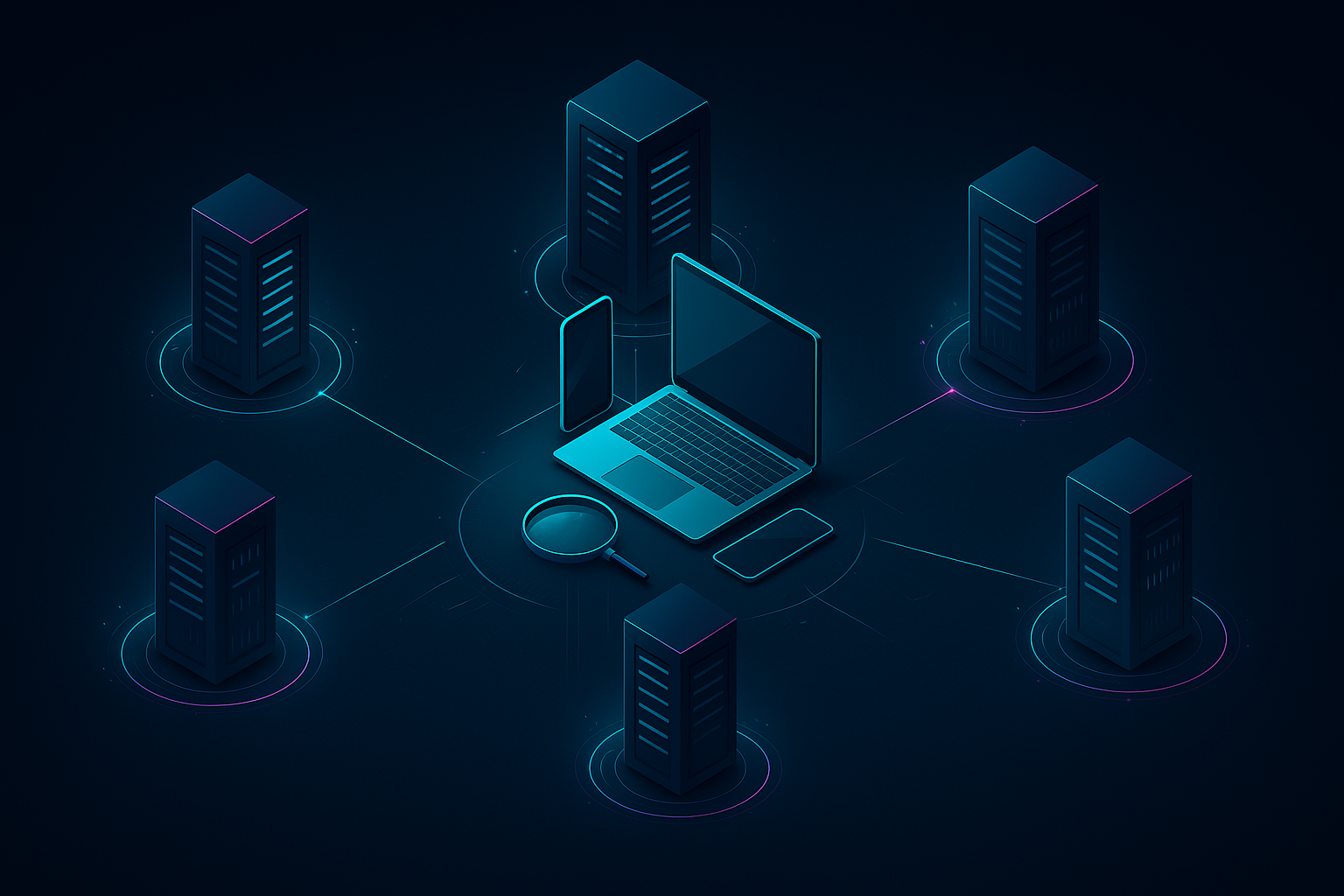 Isometric illustration of continuous monitoring cybersecurity showing a laptop, smartphone, and central server connected to six secure server nodes with glowing data lines on a dark gradient background.