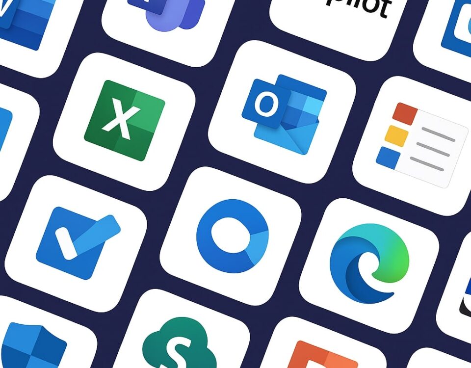 Grid of Microsoft app icons including Word, Excel, Teams, Outlook, Copilot, and SharePoint representing modern AI productivity tools for businesses.